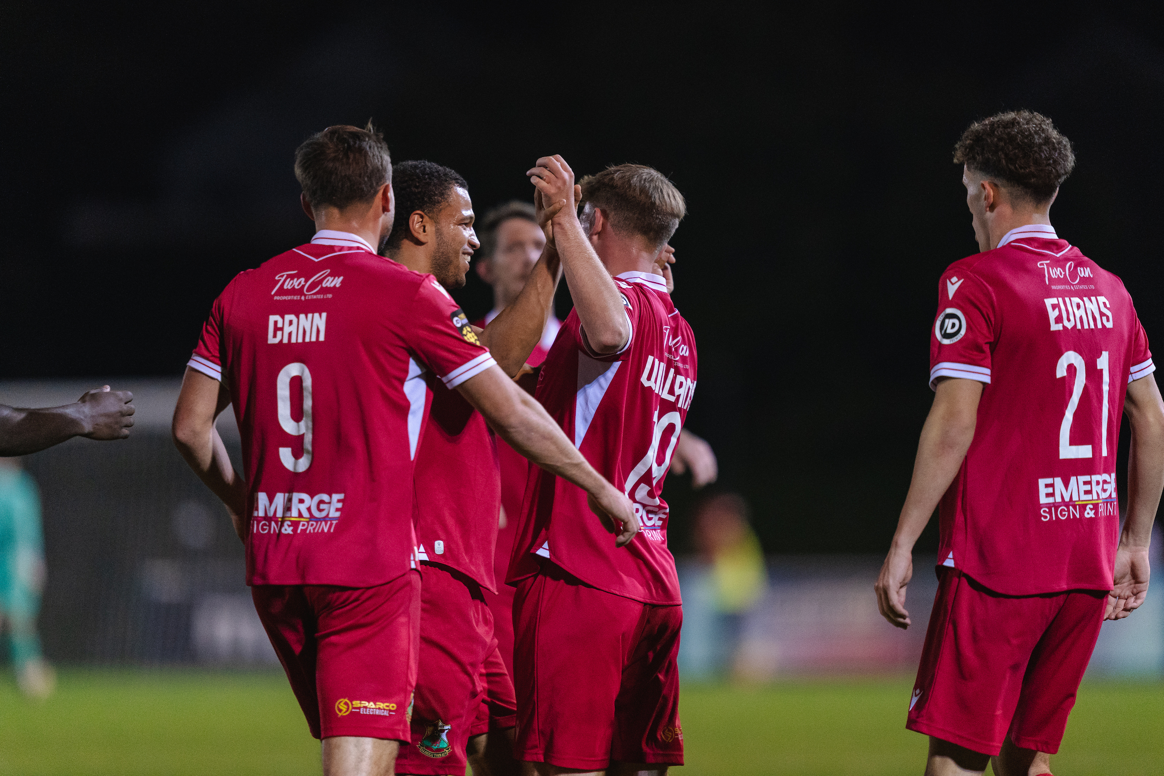 Llanelli Town players celebrating Danny Williams of Llanelli Town goal during the JD Cymru Premier 2025/26 fixture Llanelli Town vs Haverfordwest County at Stebonheath Park, Llanelli, Wales