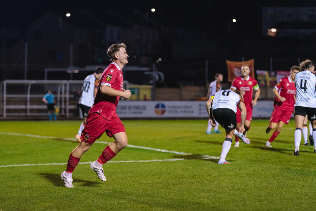 Llanelli Town players celebrating Danny Williams of Llanelli Town goal during the JD Cymru Premier 2025/26 fixture Llanelli Town vs Haverfordwest County at Stebonheath Park, Llanelli, Wales