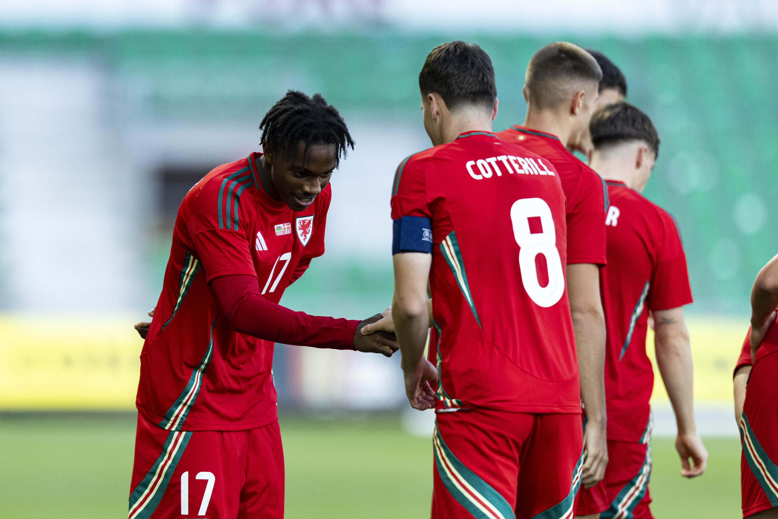 Tanatswa Nyakuhwa of Wales celebrates scoring his sides first goal. Cymru u21 v Denmark in a UEFA Under 21 Championship Qualifier at Rodney Parade on the 8th September 2025