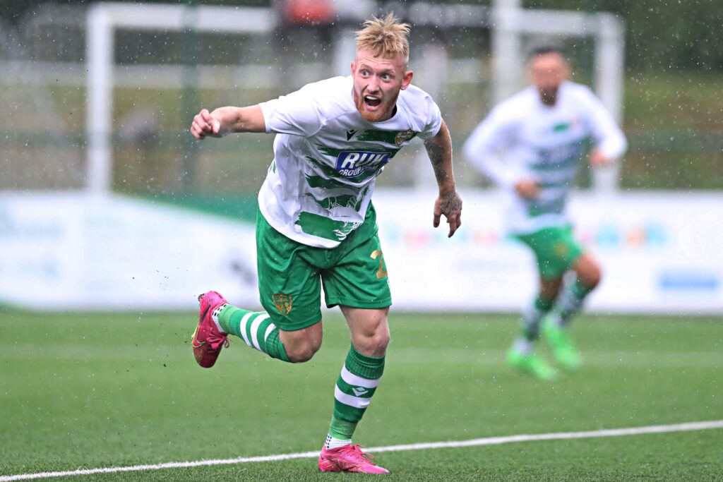 OSWESTRY, SHROPSHIRE, ENGLAND - 9th JULY 2024 - TNS' Brad Young celebrates opening the scoring during The New Saints FC vs Fudbalski klub Decic Tuzi in the first leg of the UEFA Champions League First qualifying round at Park Hall, Oswestr