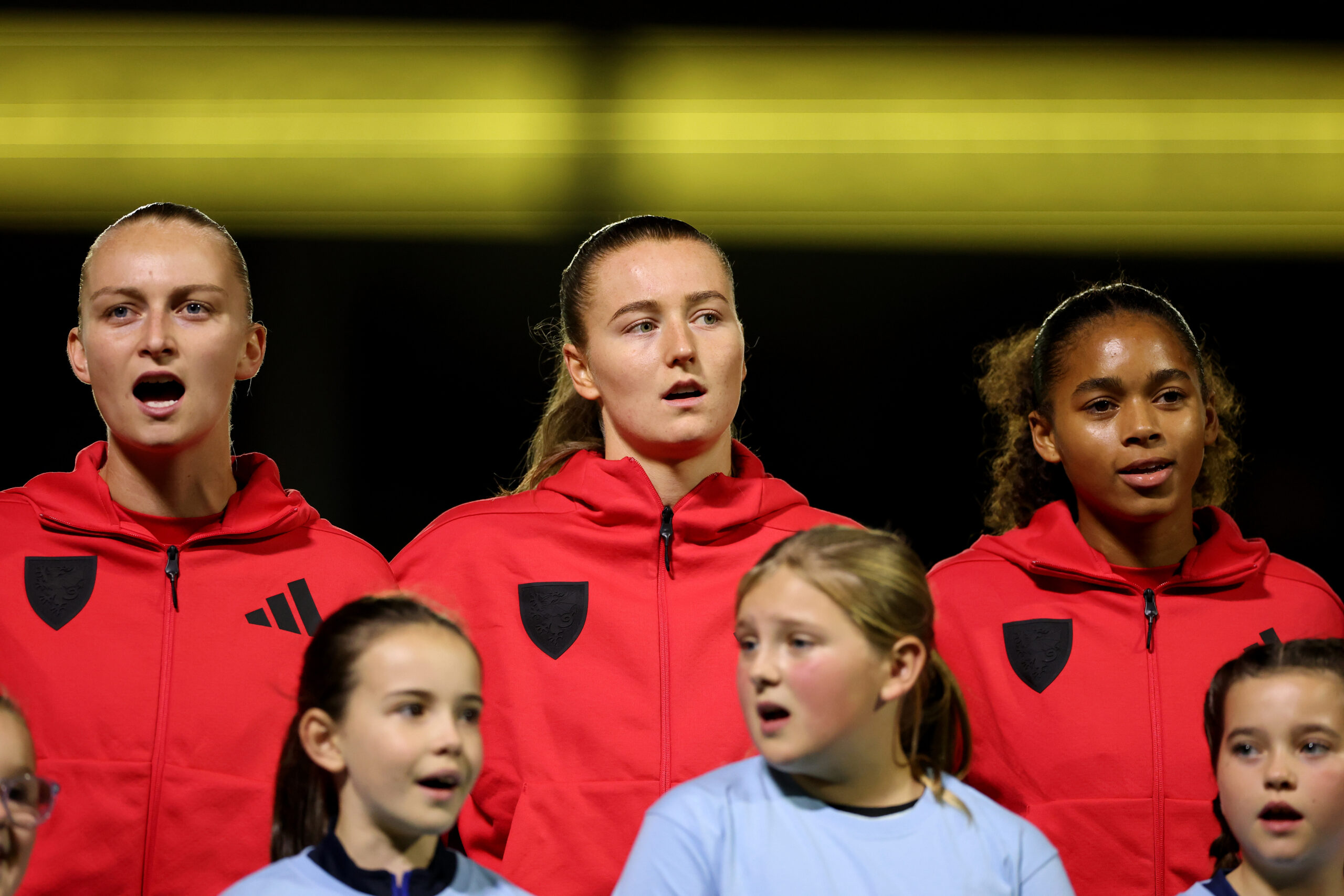 NEWPORT, WALES - 28 OCTOBER 2025: Wales' Elise Hughes, Wales' Mia Ross and Wales' Teagan Scarlett during the international Friendly fixture between Wales and Poland at the Rodney Parade in Newport on the 28th October 2025.