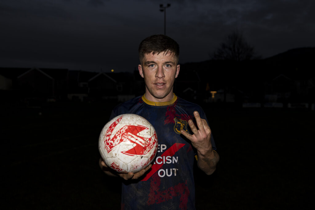 GLYNNEATH, WALES - 22ND NOVEMBER 2025: 
Tom Hilditch of Trearddur Bay with his hat trick ball at full time.
Glynneath Town v Trearddur Bay in the JD Welsh Cup at Abernant Park on the 22nd November 2025