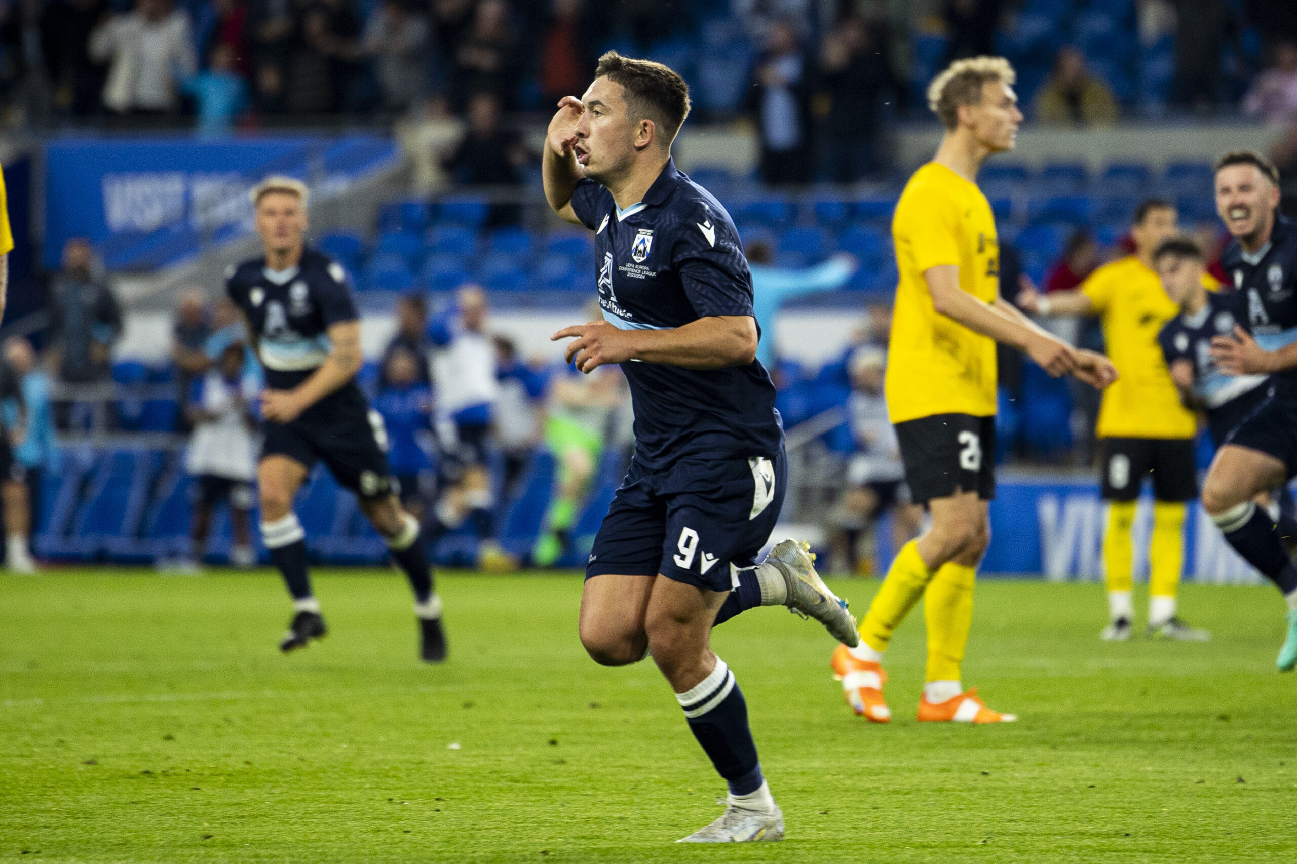Ben Fawcett of Haverfordwest celebrates scoring his sides first goal. Haverfordwest County v B36 Tórshavn in the UEFA Europa Conference League 2nd Qualifying Round at The Cardiff City Stadium on the 3rd August 2023