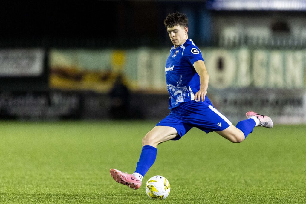 Gabe Kircough of Penybont in action. Penybont v Haverfordwest County in the JD Cymru Premier at the DragonBet Stadium on the 7th October 2025. (Pic by Lewis