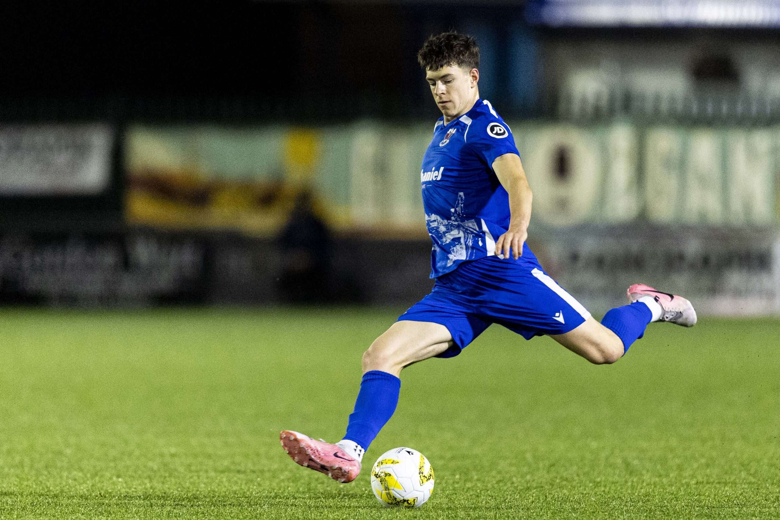 Gabe Kircough of Penybont in action. Penybont v Haverfordwest County in the JD Cymru Premier at the DragonBet Stadium on the 7th October 2025. (Pic by Lewis
