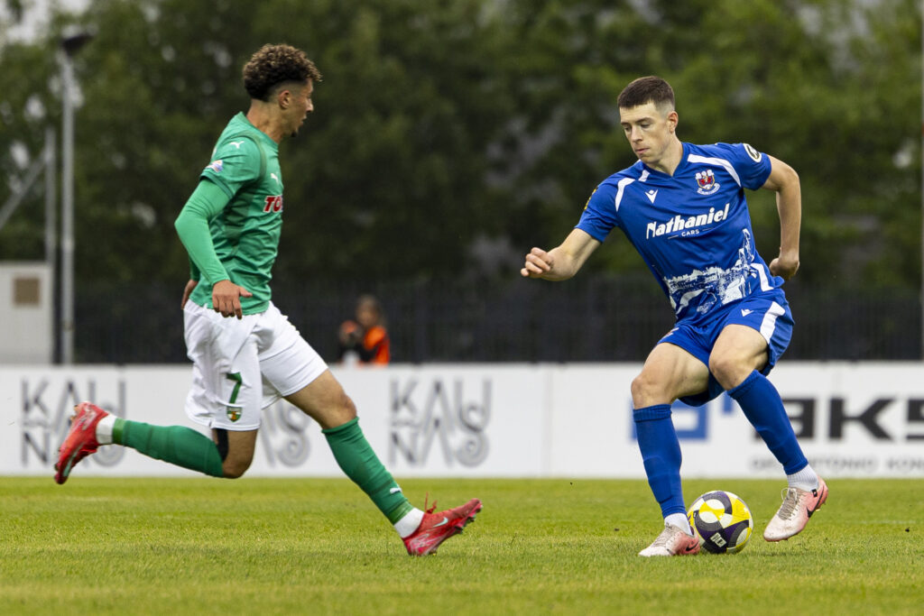Jonava, Lithuania. - 10th July 2025: 
Gabe Kircough of Penybont in action.
Kauno Žalgiris v Penybont in the UEFA Conference League First Qualifying Round at the Jonava City Stadium on the 10th July 2025