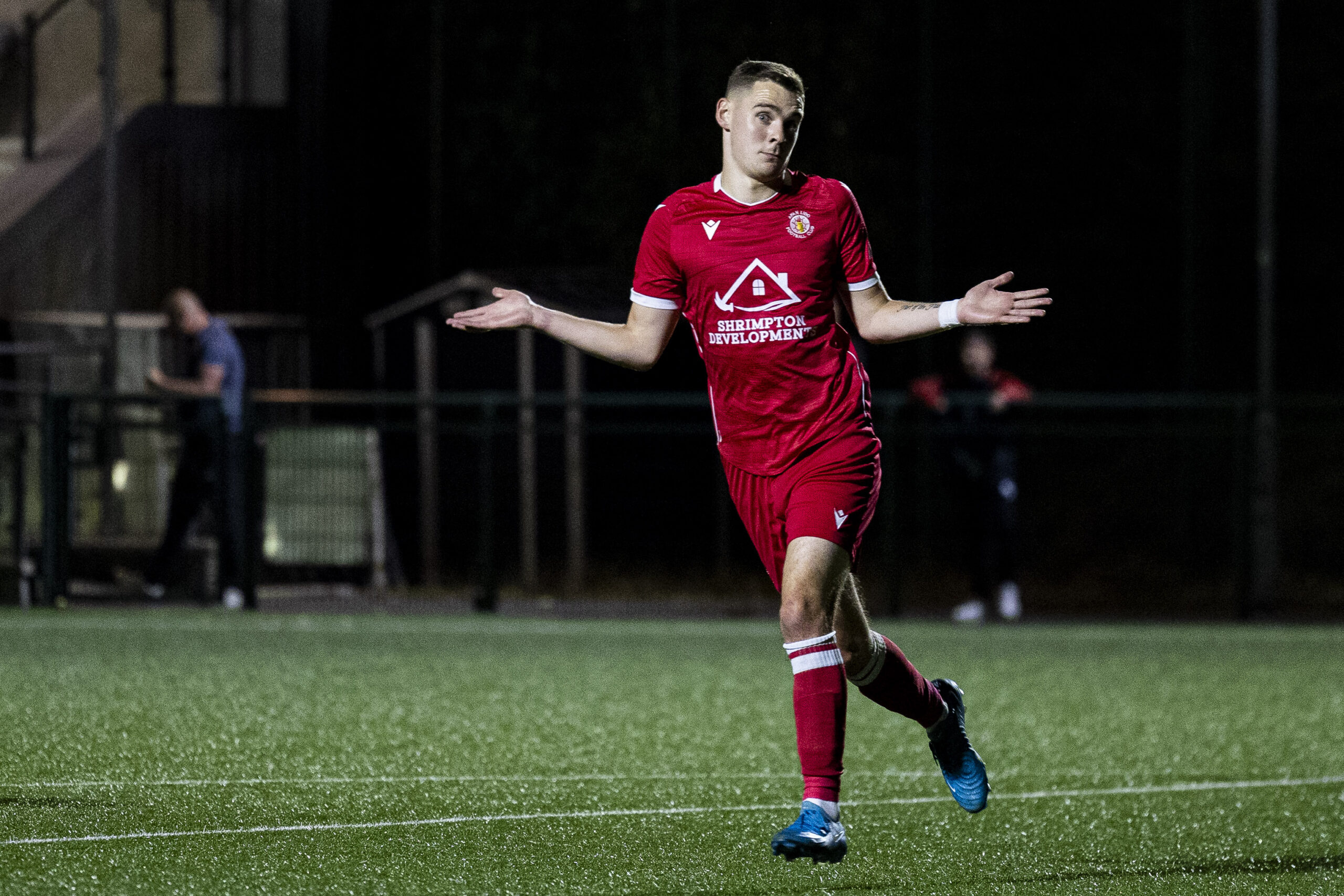 YSTRAD MYNACH, WALES - 22ND AUGUST 2025: Lewis Reed of Afan Lido celebrates scoring his sides second goal. Trethomas Bluebirds v Afan Lido in the JD Cymru South at the Centre For Sporting Excellence on the 22nd August 2025. (Pic by Lewis Mitchell/FAW)