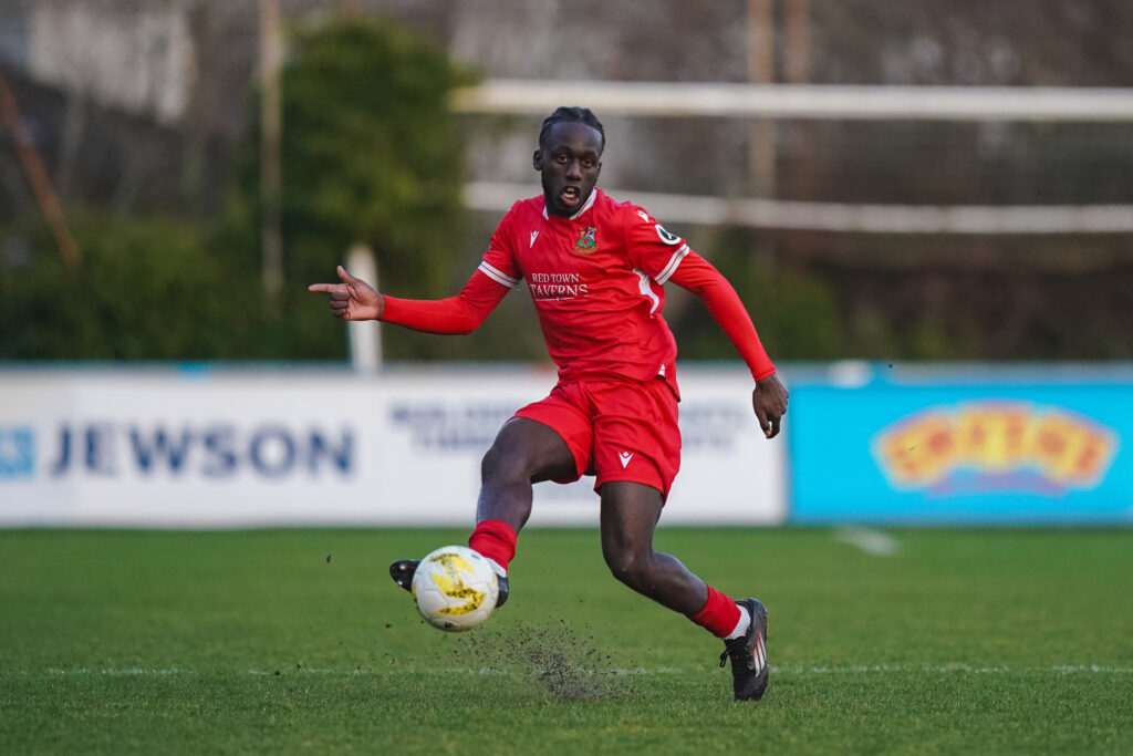 Nelson Sanca of Llanelli Town and Newport County during the JD Cymru Premier 2025/26 fixture Llanelli Town vs Penybont at Stebonheath Park, Llanelli, Wales