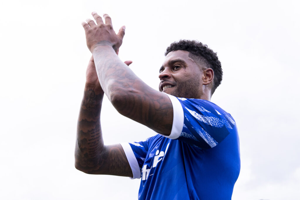 Bridgend, WALES -  13th July 2023: 
Mark Little of Penybont at full time.
Penybont v Santa Coloma in the UEFA Europa Conference League 1st Qualifying Round at The Brewery Field on the 13th July 2023