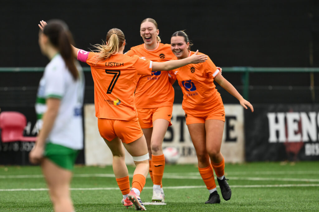 OSWESTRY, WALES - 14 DECEMBER 2025: Madison Lloyd of Pontypridd United celebrates her goal to make it 0-1 during the Genero Adran Trophy game between The New Saints and Pontypridd United at the Park Hall Stadium in Oswestry