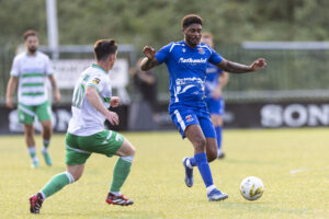 BRIDGEND, WALES. - 16TH AUGUST 2025: Mark Little of Penybont in action. Penybont v The New Saints in the JD Cymru Premier at the Dragon Bet Stadium on the 16th August 2025