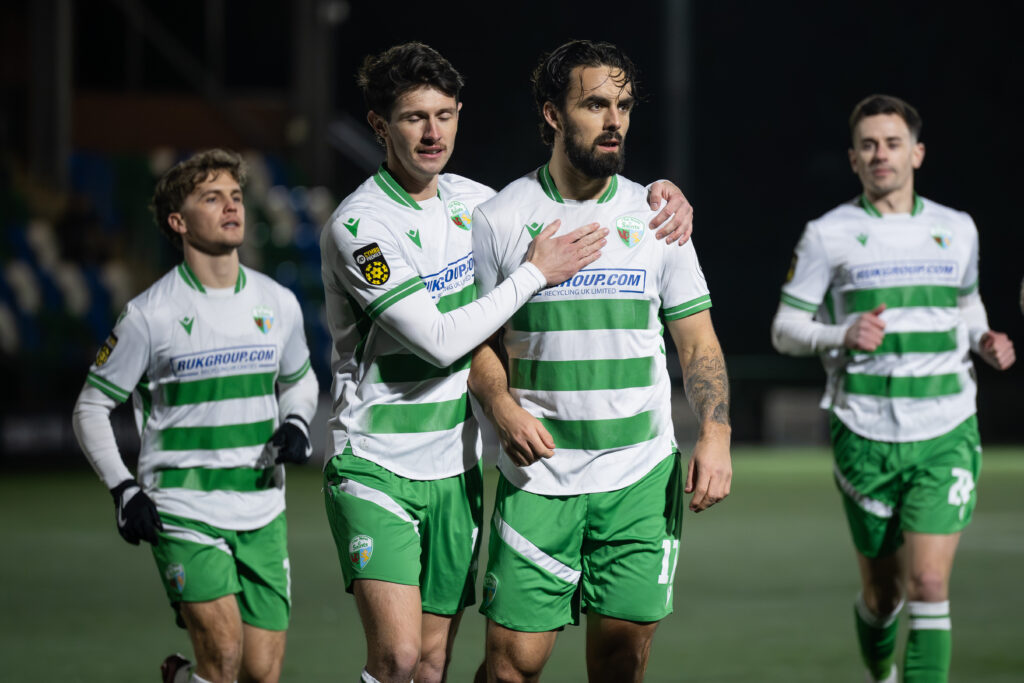 OSWESTRY, WALES - 13 JANUARY 2026: Jordan Williams of The New Saints F.C. celebrates his goal to make it 1-0 during the JD Cymru Premier game between The New Saints and Colwyn Bay at the Park Hall Stadium in Oswestry