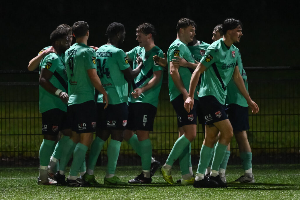 BALA, WALES - 23 JANUARY 2026: Ben Wynne of Flint Town celebrates his goal to make it 1-4 during the JD Cymru Premier between Bala Town and Flint Town United at the Maes Tegid in Bala