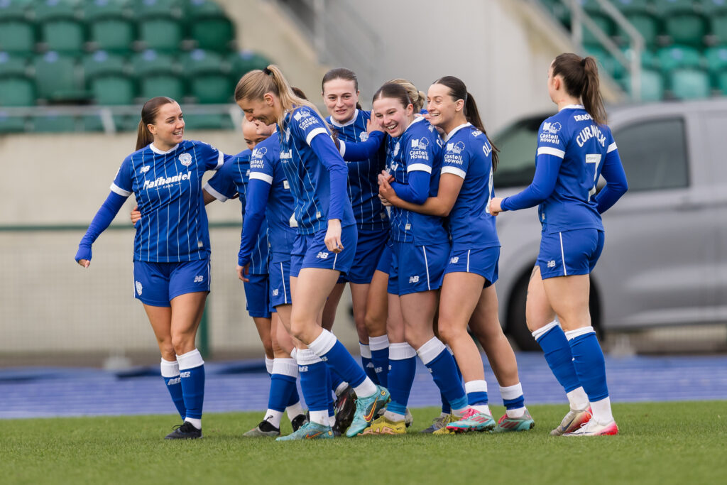 CARDIFF, WALES - 08 FEBRUARY 2026: Cardiff City Womens' Ffion Price scores and celebrates 1-0  during the 2025/2026 Bute Energy Welsh Cup Quarter Finals fixture between Cardiff City Women FC & The New Saints FC Women at Cardiff Athletics Stadium, Cardiff, Wales (Pic by John Smith/FAW)