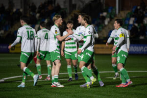 OSWESTRY, WALES - 20 FEBRUARY 2026: Ben Wilson of The New Saints F.C. celebrates his goal to make it 2-1 during the JD Cymru Premier game between The New Saints and Caernarfon Town at the Park Hall Stadium in Oswestry