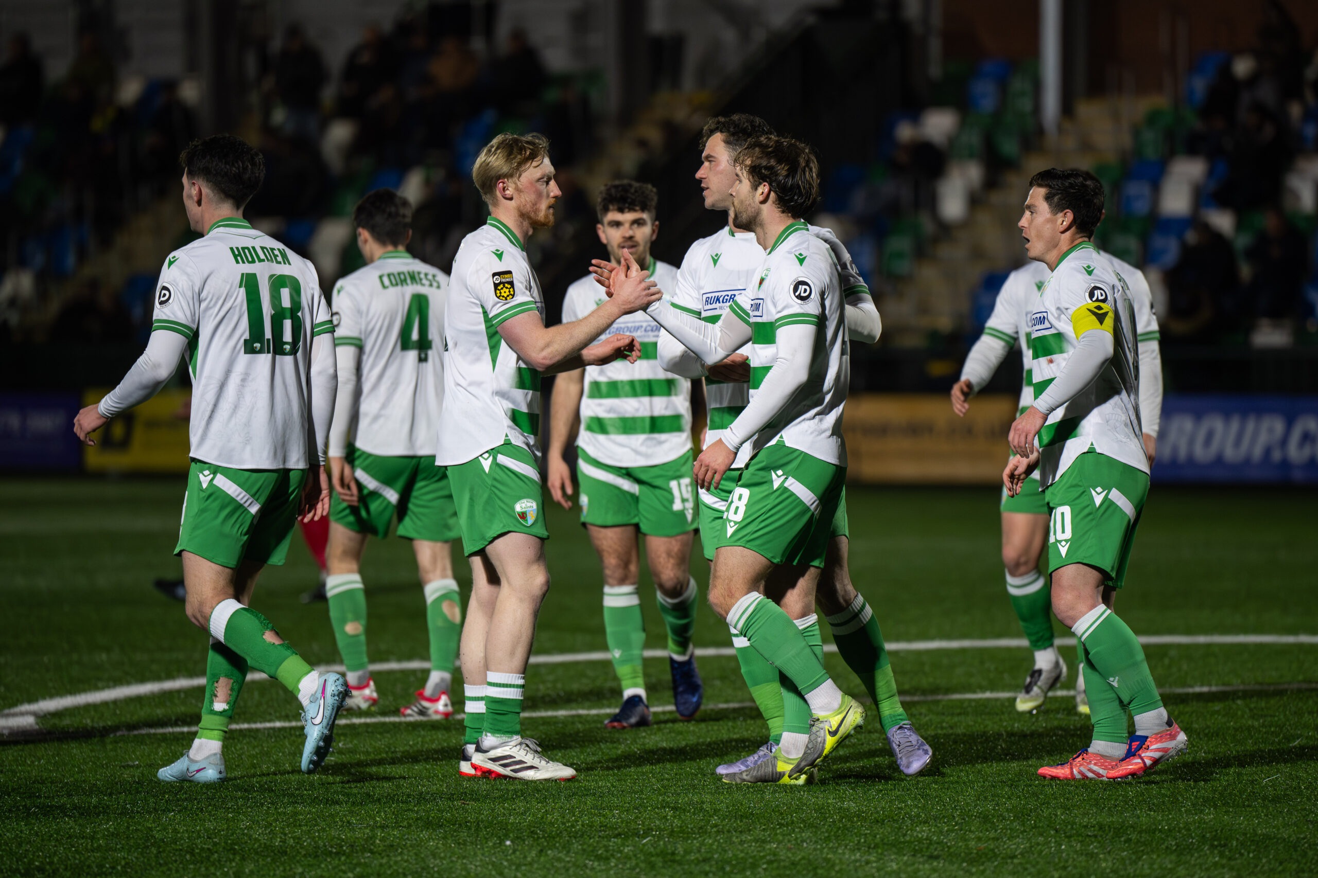OSWESTRY, WALES - 20 FEBRUARY 2026: Ben Wilson of The New Saints F.C. celebrates his goal to make it 2-1 during the JD Cymru Premier game between The New Saints and Caernarfon Town at the Park Hall Stadium in Oswestry