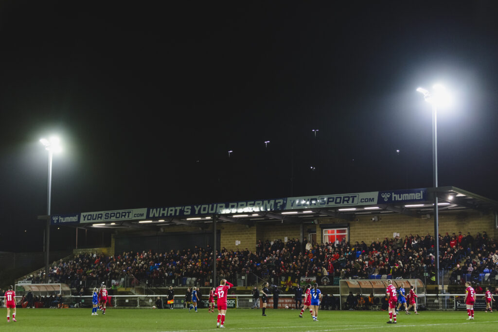 BANGOR, WALES - 22 FEBRUARY 2026: Fans during the 2025/2026 Genero Adran Trophy final between Wrexham AFC Women & Cardiff City Women FC at Bangor City Stadium, Bangor, Wales