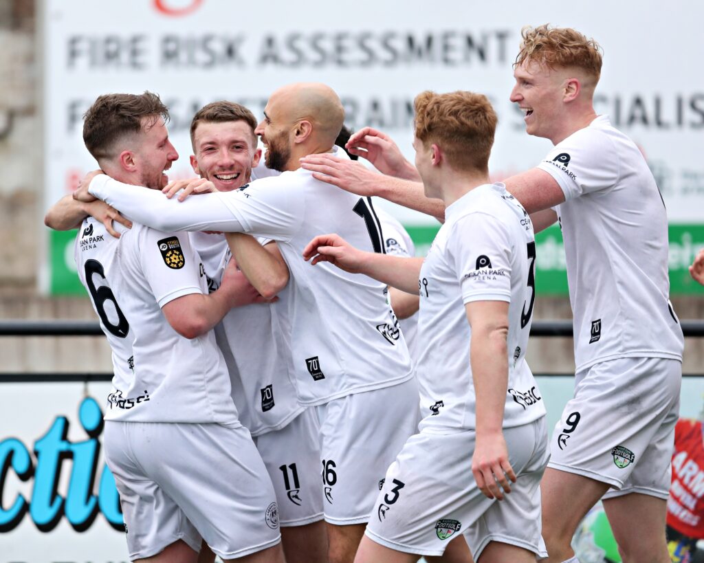 ABERYSTWYTH, CEREDIGION, WALES - 1st MARCH 2026 - Liam Bishop of Caerau Ely AFC celebrates his second goal during Aberystwyth Town vs Caerau Ely AFC in Round 24 of the JD Cymru South at Park Avenue, Aberystwyth (Pic by Sam Eaden/FAW)