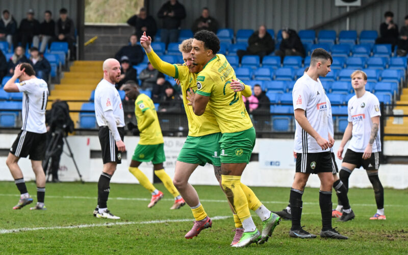 COLWYN BAY, WALES - 08 March 2026: Bradly Young of Caernarfon Town celebrates his goal to make it 0-1 during the JD Welsh Cup Semi-Final between Rhyl 1879 and Caernarfon Town at The Blue Turtle Arena in Colwyn Bay