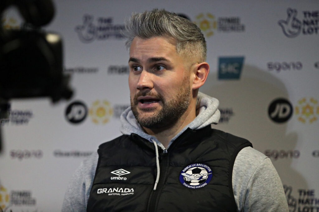 BROUGHTON, WALES - 17th FEBRUARY 2023 - Airbus manager Jamie Reed after Airbus UK Broughton FC vs Caernarfon Town FC in Round 24 of the JD Cymru Premier Play Off Conference at The Hollingsworth Group Stadium, Broughton