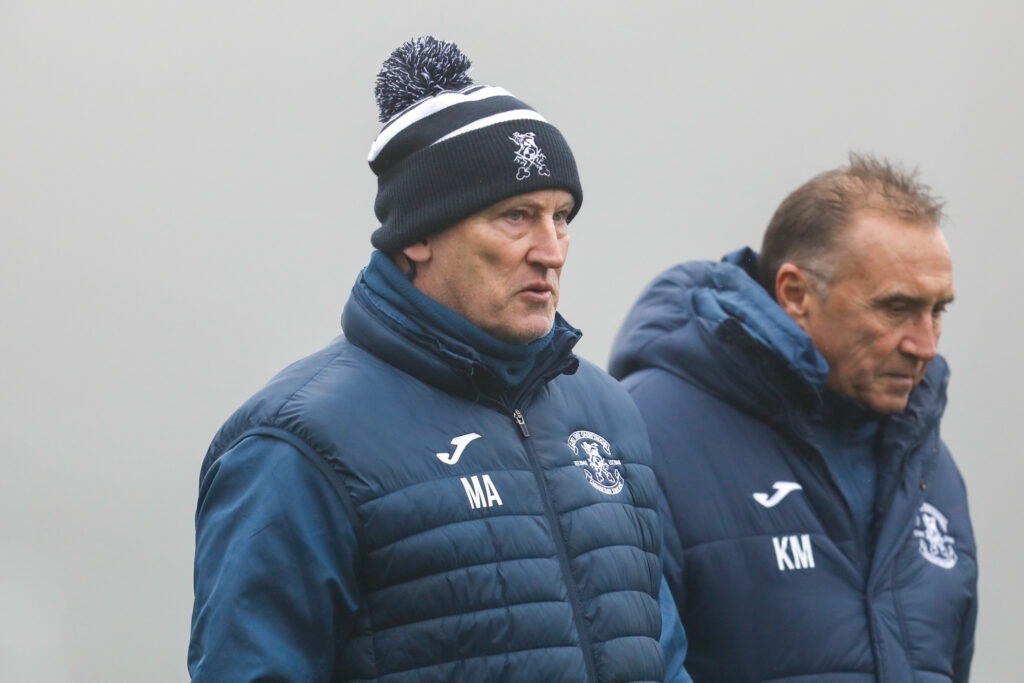 TONYPANDY WALES - 15 FEBUARY 2025: Carmathen Town FC Manager Mark Aizlewood during the 2024/25 FAW Welsh Cup Quarter Final fixture between Cambrian United FC & Carmarthen Town AFC  at M & P Group 3G, Tonypandy, Wales