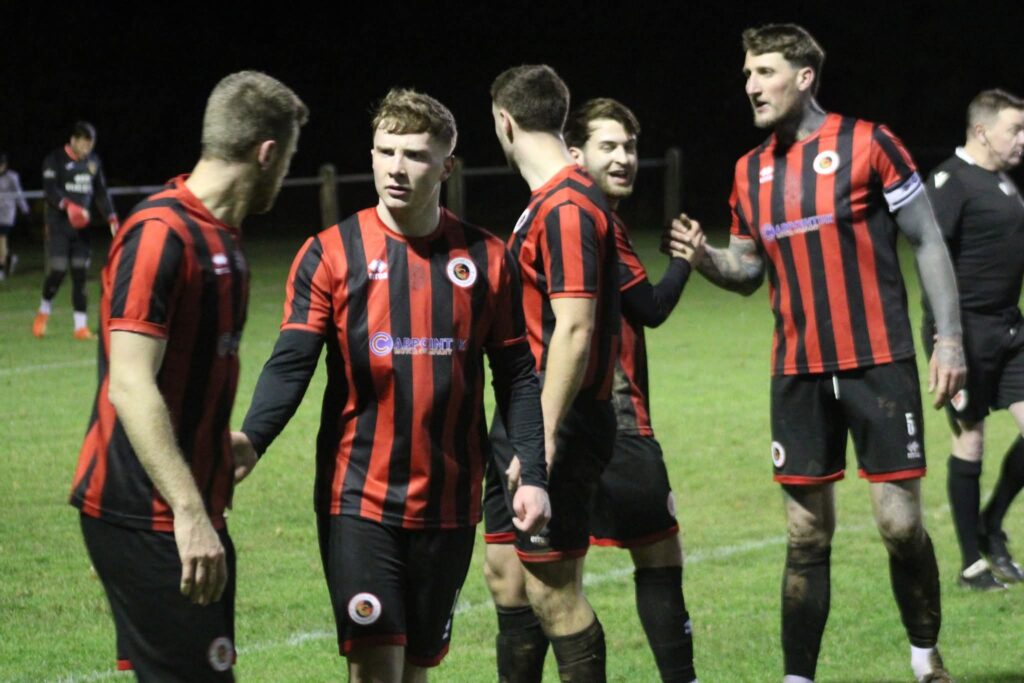 Goytre United celebrate a goal against Brecon Corries in the Ardal South East. 
