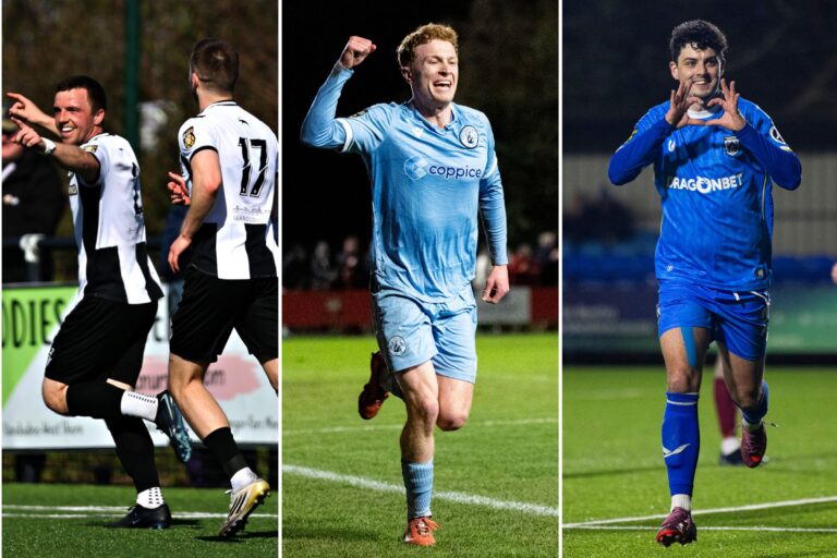Llandudno, Cambrian United and Haverfordwest County celebrate goals in the Cymru North, Cymru South, and Cymru Premier