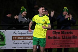 BALA, GWYNEDD, WALES - 31st JANUARY 2025 - Adam Davies of Caernarfon celebrates his goal during Bala Town vs Caernarfon Town in Round 24 of the JD Cymru Premier at Maes Tegid, Bala