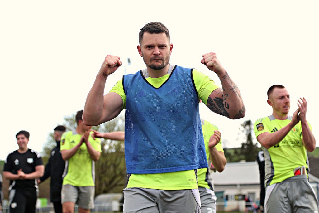 PENRHYNCOCH, CEREDIGION, WALES - 28th MARCH 2026 - Jamie Breese of Holywell Town FC celebrates after CPD Penrhyncoch vs Holywell Town in Round 28 of the JD Cymru North at Cae Baker, Penrhyncoch 
