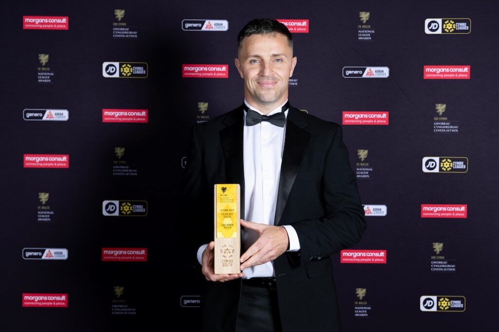 CARDIFF, WALES - 16 MAY 2026: Luke Bowen is awarded the golden boot in the JD Cymru South during the FAW National League Awards at The Coal Exchange Hotel in Cardiff on the 16th May 2026