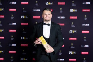 CARDIFF, WALES - 16 MAY 2026: Holywell Town striker Jamie Breese is awarded the golden boot in the JD Cymru North during the FAW National League Awards at The Coal Exchange Hotel in Cardiff on the 16th May 2026
