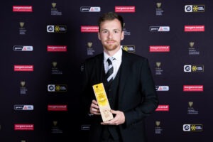 CARDIFF, WALES - 16 MAY 2026: Llandudno manager Jordan Hadaway is awarded the JD Cymru North Manager of the season during the FAW National League Awards at The Coal Exchange Hotel in Cardiff on the 16th May 2026