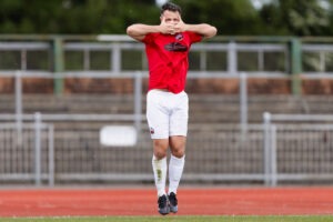 Trefelin's Luke Bowen scores and celebrates 0-3 during the 2025/26 JD Cymru Leagues South fixture between Newport City FC & Trefelin BGC at Newport Stadium, Newport, Wales