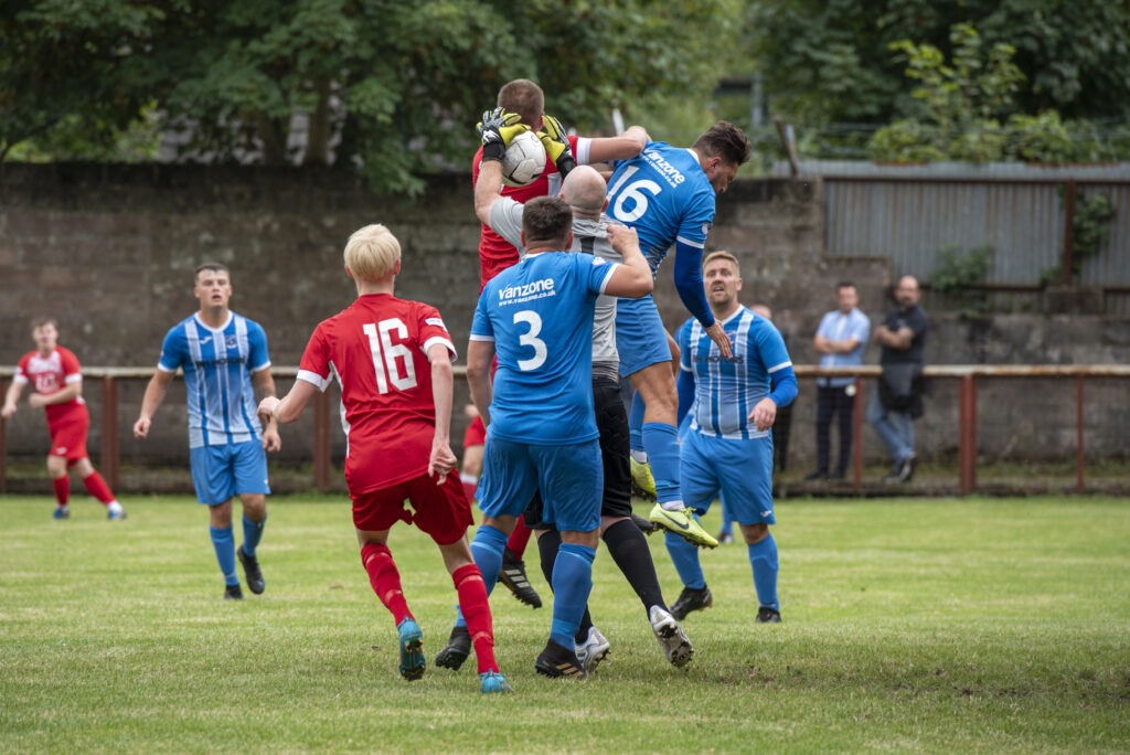 RHONDDA, WALES - 20 AUGUST 2022: A Welsh football match between Cardiff Airport and Ton Pentre. The 2022/23 FAW JD Welsh cup qualifying round 2 fixture between Ton Pentre AFC & Cardiff Airport FC, August 20th, 2022, Rhondda, Wales