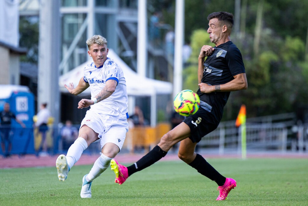 Andorra la Vella, Andorra - 20th July 2023: Mael Davies of Penybont in action against Marc Rebés of Santa Coloma. Santa Coloma v Penybont in the UEFA Europa Conference League 1st Qualifying Round at the Estadi Comunal on the 20th July 2023
