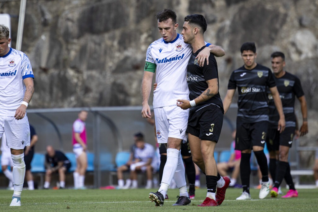Andorra la Vella, Andorra -  20th July 2023: 
Billy Borge of Penybont at full time with Kane Owen of Penybont.
Santa Coloma v Penybont in the UEFA Europa Conference League 1st Qualifying Round at the Estadi Comunal on the 20th July 2023. (Pic by Lewis Mitchell/FAW)