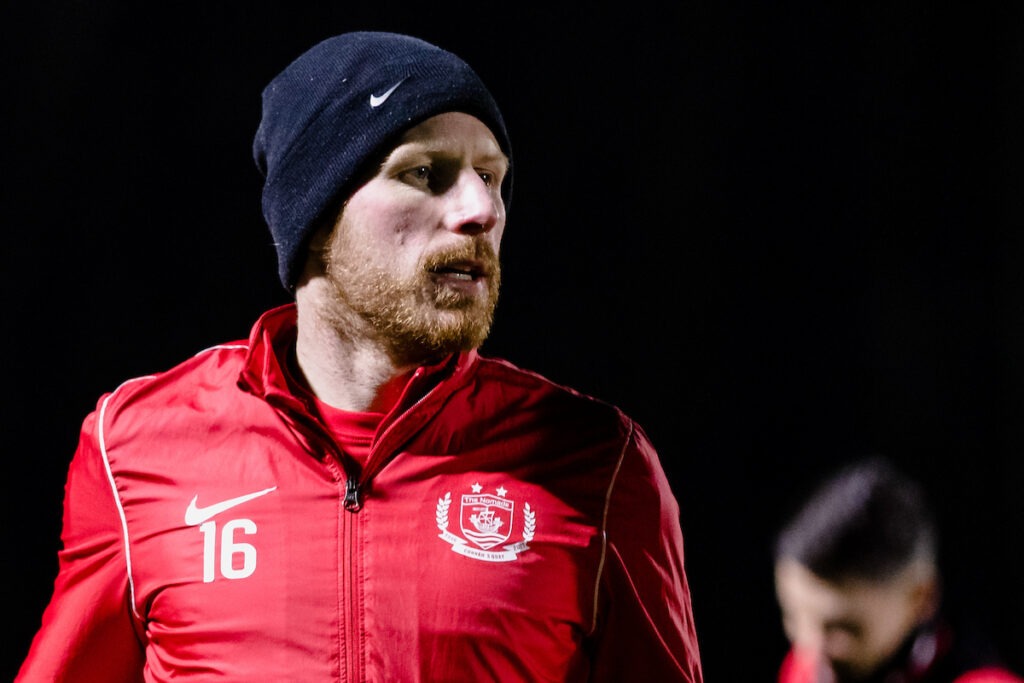 OSWESTRY, WALES - 21 JANUARY 2022: Connah's Quay Nomads Jay Owen during the JD Cymru Premier league fixture between The New Saints F.C & Connah's Quay Nomads F.C at Park Hall Stadium, January 21st, 2022, Oswestry, Wales