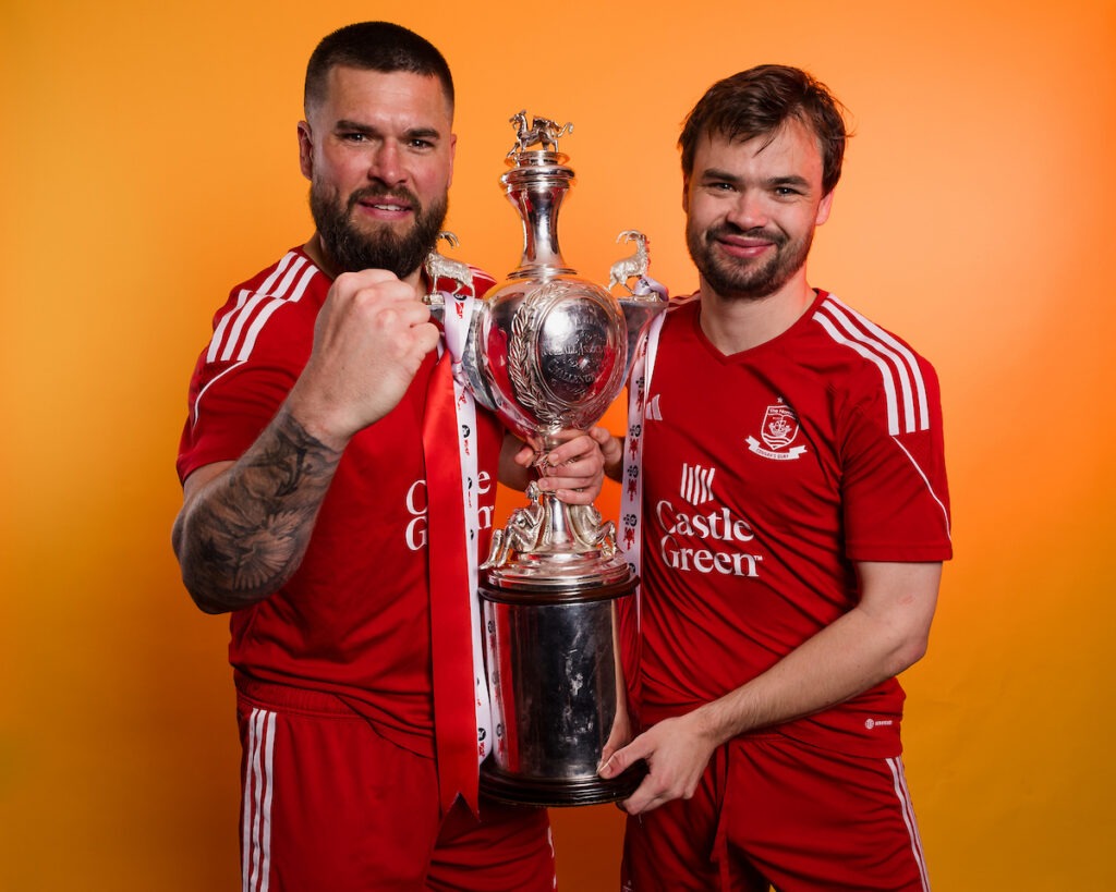 NEWPORT, WALES - 28 APRIL 2024:  Connah's Quay Nomads Kai Edwards and Connah's Quay Nomads Noah Edwards during the 2023/24 JD FAW Welsh Cup Final fixture between Connah's Quay Nomads F.C & The New Saints F.C at Rodney Parade, Newport, Wales