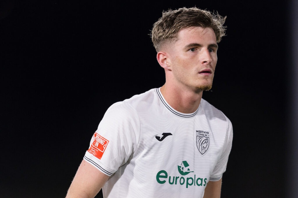 CARDIFF, WALES - 17 SEPTEMBER 2024: Merthyr's Alex John during round 3 of the 2024/25 Nathaniel MG Cup fixture between Cardiff City FC & Merthyr Town FC at Cardiff International Sports Stadium, Cardiff, Wales