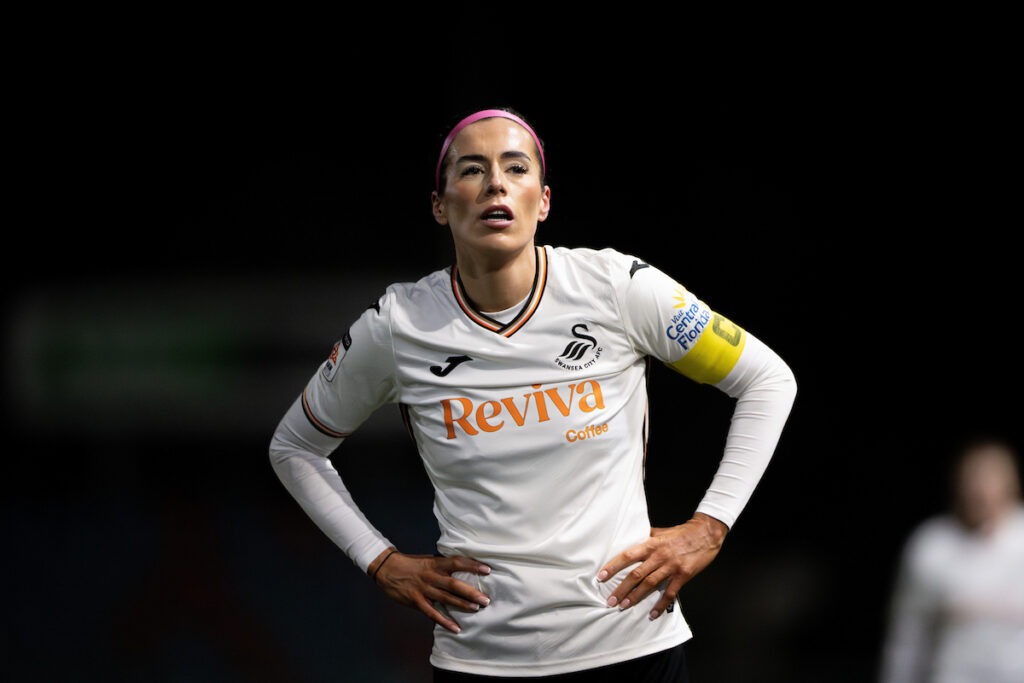 Swansea City's Katy Hosford during the 2024/2025 Genera Adran Trophy Final fixture between Swansea City Women FC & The New Saints FC at Latham Park, Newtown, Wales