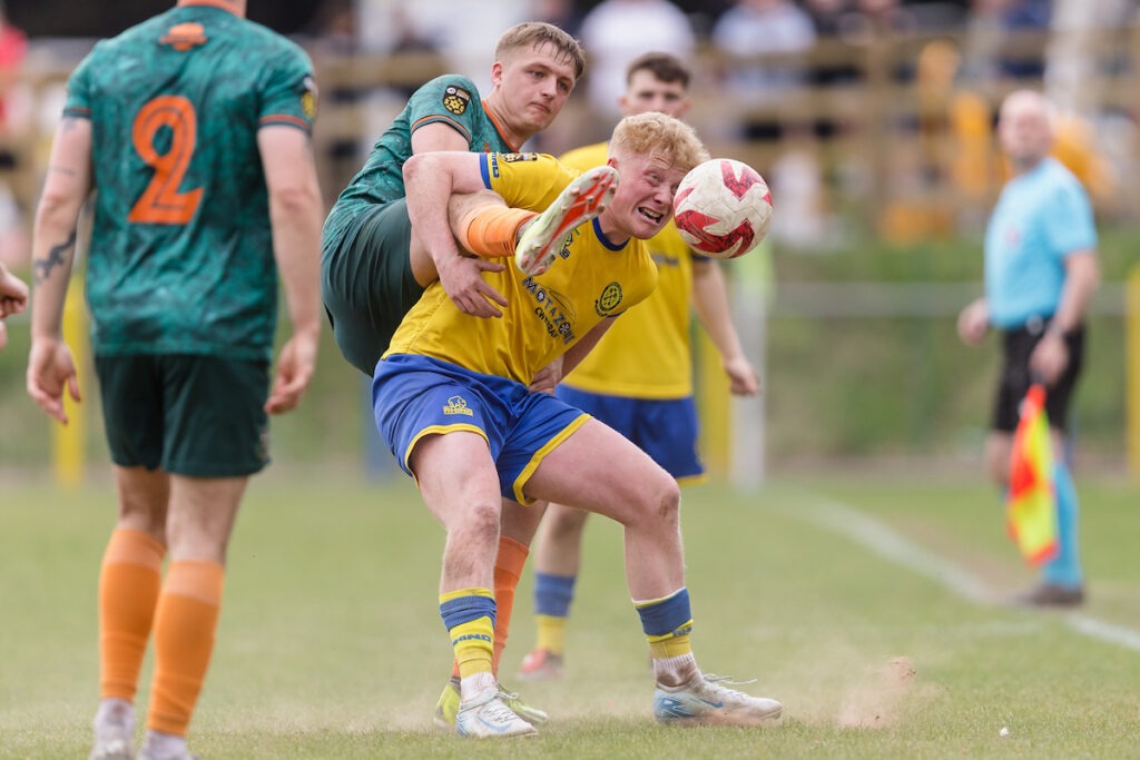 Cwmbran Celtic’s Isaac Powell in action during a JD Cymru South match against Llantwit Major AFC at Avondale Motor Park Arena in Cwmbran, Wales.