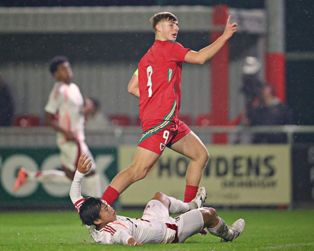 DENBIGH, DENBIGHSHIRE, WALES - 12th NOVEMBER 2025 - Josh Gentles of Wales MU-19 celebrates his goal during Cymru MU19 vs Japan MU19 in Matchday 1 of the 2025 Preparatory Friendly Tournament U19 at Central Park, Denbigh