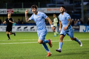 RHONDDA, WALES - 1ST AUGUST 2025: Tom Hillman of Cymru South club Cambrian united celebrates scoring his sides second goal. Cambrian United v Cardiff City in the Nathaniel MG Cup at the M&P Group 3G on the 1st August 2025.