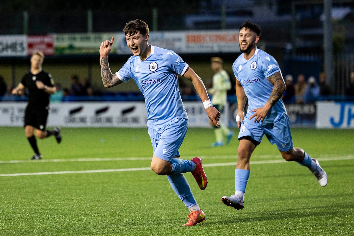 RHONDDA, WALES - 1ST AUGUST 2025: Tom Hillman of Cymru South club Cambrian united celebrates scoring his sides second goal. Cambrian United v Cardiff City in the Nathaniel MG Cup at the M&P Group 3G on the 1st August 2025.