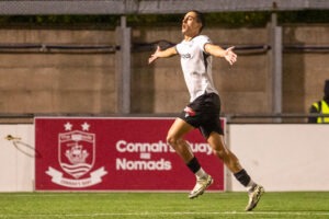 Hussein Mehasseb celebrates his second goal of the game during the JD Cymru Premier fixture between Connah's Quay Nomads and Bala Town
