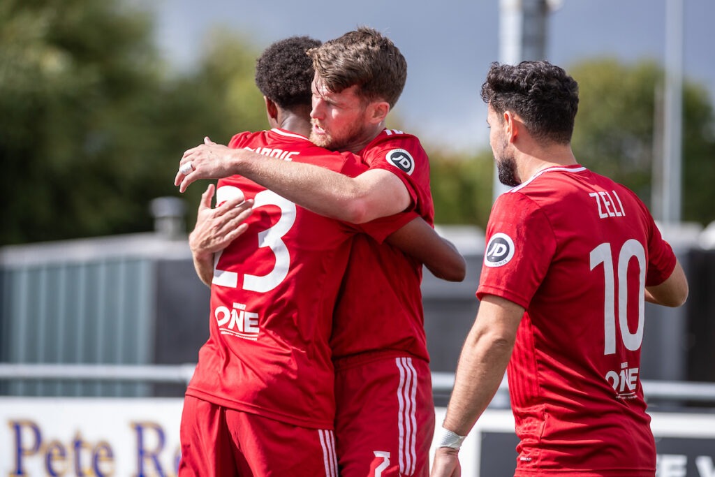 FLINT WALES - 13TH SEPTEMBER 2025: Connah's Quay Nomads' Jack Kenny opens the scoring during the JD Cymru Premier fixture between Connah’s Quay Nomads and Cardiff Met Uni at the Essity Stadium, Flint, 13th of September, Wales