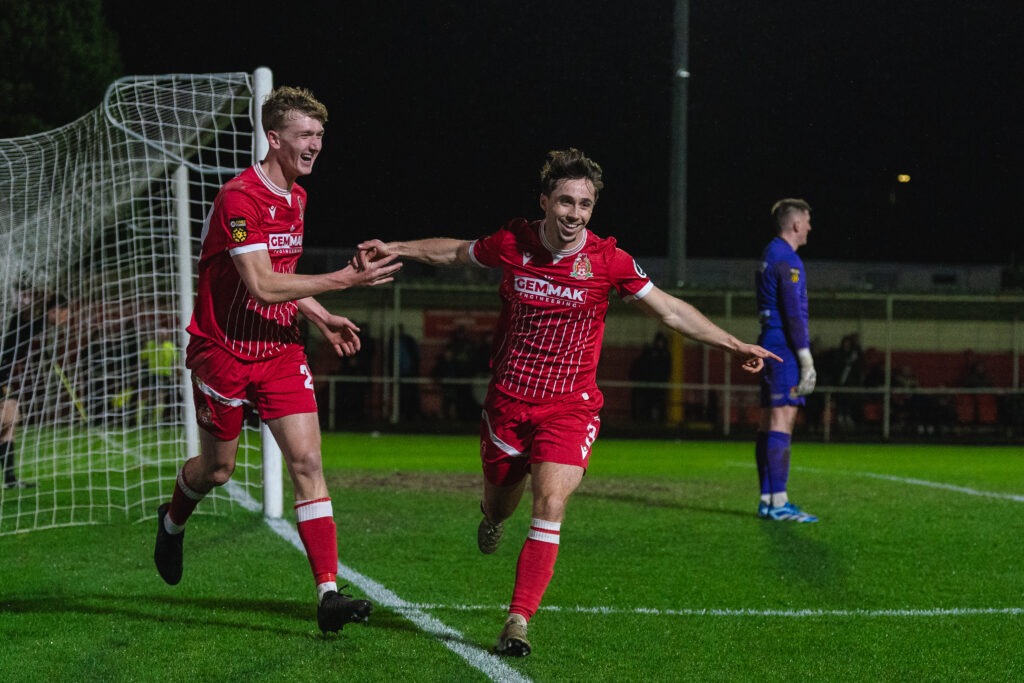 Kian Jenkins of Briton Ferry Llansawel scores to make it 2-1 during the JD Cymru Premier 2025/26 - Play-Off Conference fixture Briton Ferry Llansawel vs Llanelli Town at The Renewable Centre Stadium, Briton Ferry, Wales (Pic by Jamie Edwards)
