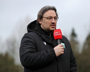 OSWESTRY, SHROPSHIRE, ENGLAND - 7th FEBRUARY 2026 - Craig Harrison, Manager of The New Saints F.C. is interviewed by Sgorio after The New Saints vs Penybont FC in Round 2 of the JD Cymru Premier Championship Conference at Park Hall, Oswestry