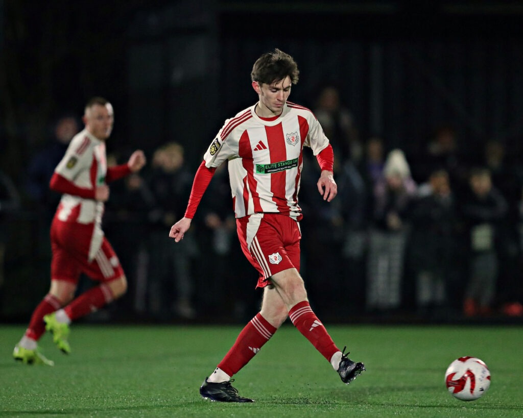 LLANDUDNO, CONWY, WALES - 6th MARCH 2026 - Guto Williams of Holywell Town FC during Llandudno FC vs Holywell Town in Round 25 of the JD Cymru North at the Go Goodwins