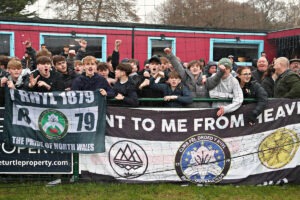 Cymru North side Rhyl fans after the JD Welsh Cup Semi-Final between Rhyl 1879 and Caernarfon Town at The Blue Turtle Arena in Colwyn Bay